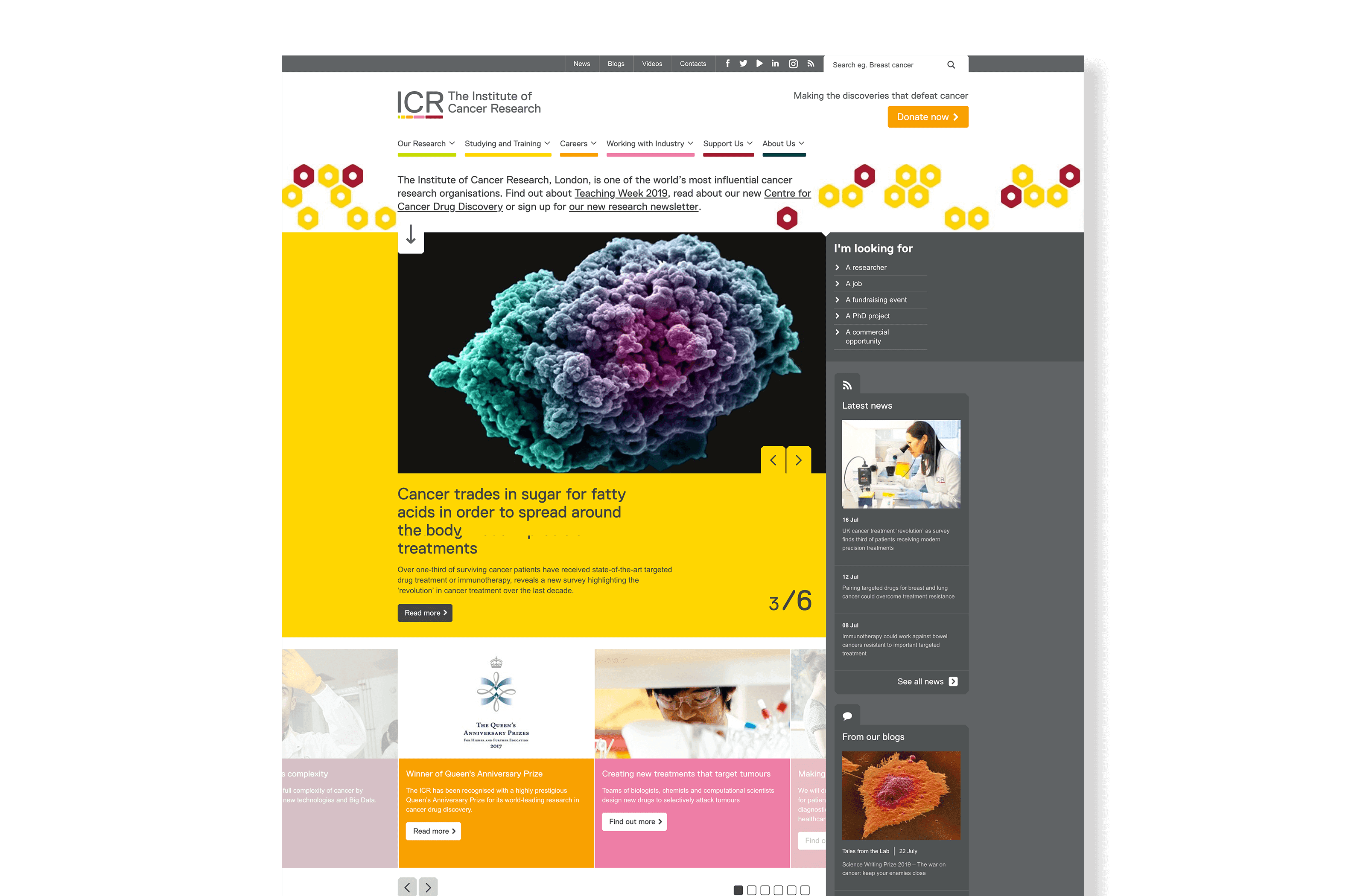 Screenshot of Institute of Cancer Research website